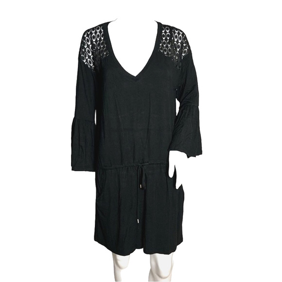 Calvin Klein Swim Cover Up Women Large Black Open Knit Detail Bell Sleeve Travel - Picture 1 of 6